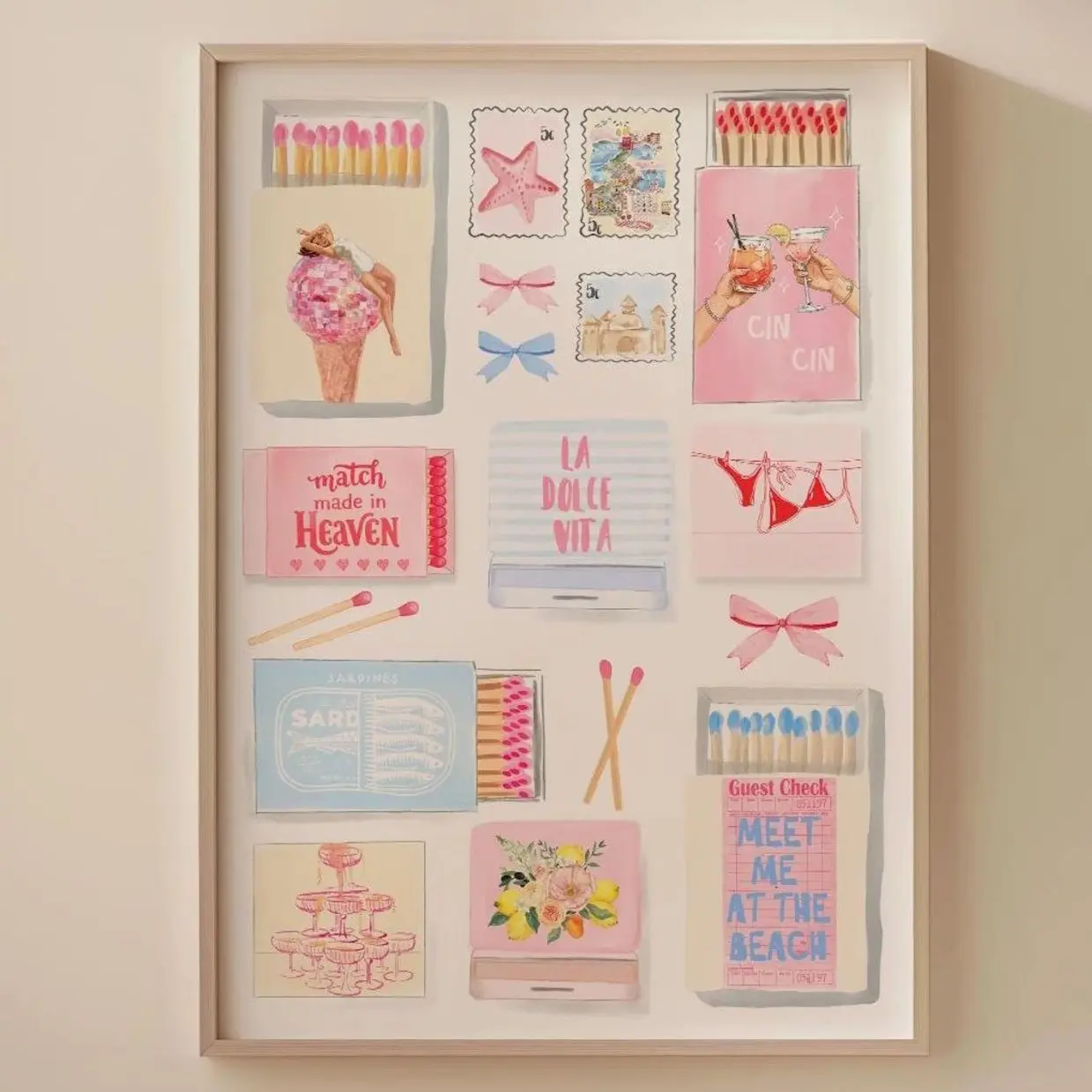 Vintage Matchbox Wall Art, Pastel Retro Coquette Apartment Print 0