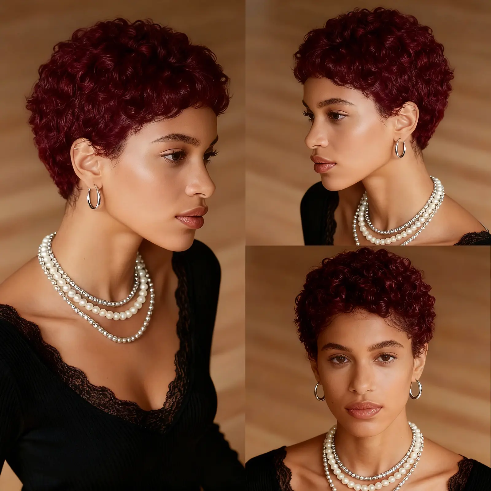 Women's Glueless Burgundy Kinky Curly Human Hair Full Machine Wig - Natural Afro Pixie Cut with Layered Bangs, Adjustable Straps, Natural Looking Wigs for Daily-Party Wear