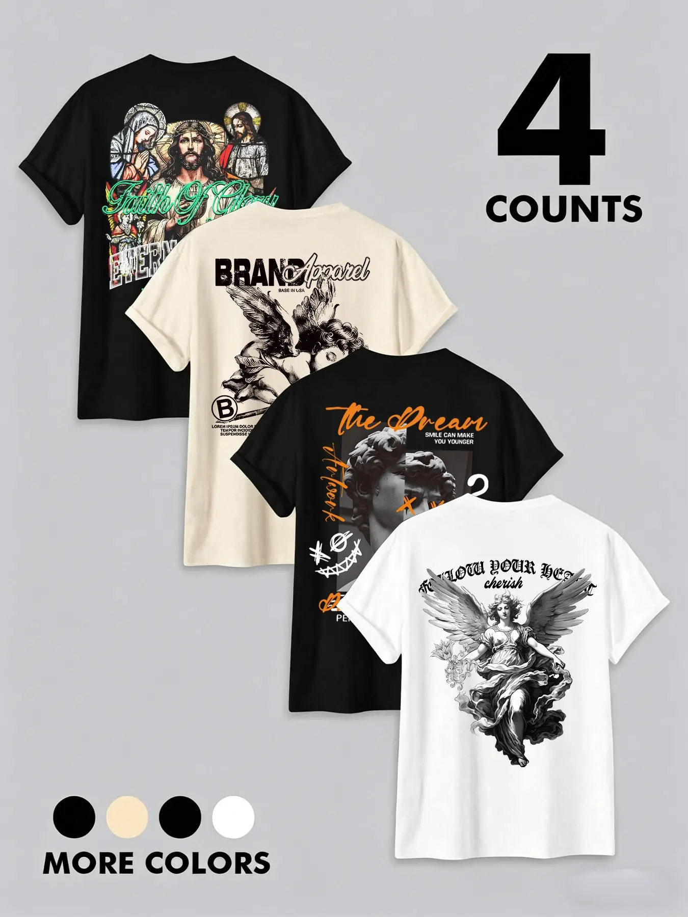 4-Pack Vintage Graphic T-Shirt Bundle | Unisex Streetwear Short Sleeve Tees | Renaissance Angel Art Print | Perfect for Daily Street Style & Summer Casual Wear Top