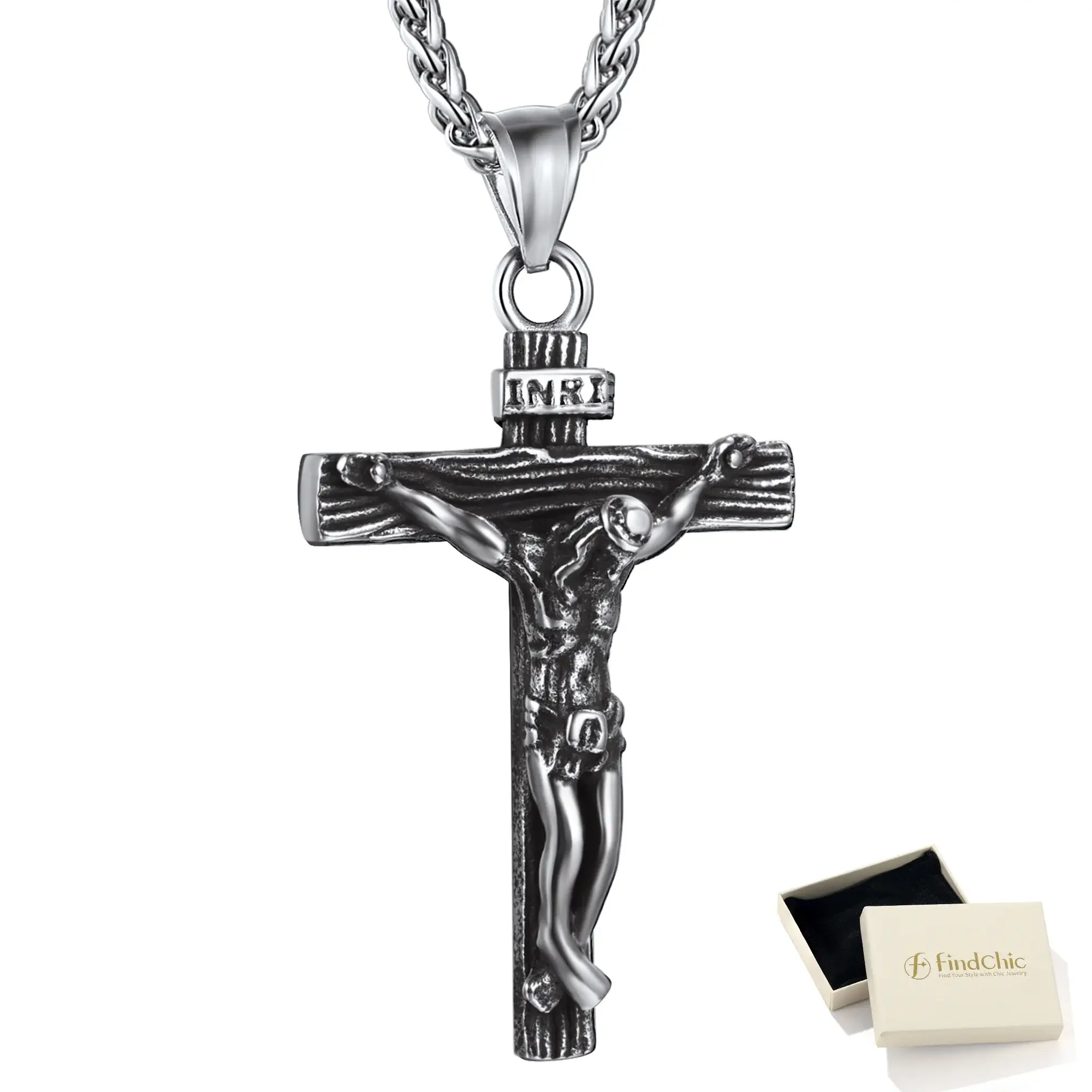 Findchic Cross Necklaces for Men Stainless Steel INRI Crucifix Pendant Necklace Jesus Piece Christian Religious Birthday Easter Basket Stuffers Jewelry Gifts Him Son FindChic