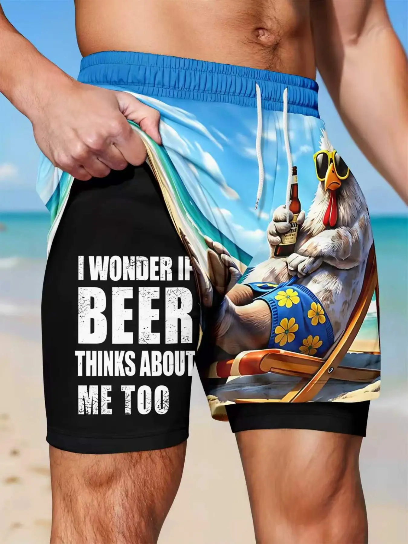 Men's Dual-Layer Compressed Inner Gradient Shorts, Fun Sunglasses Rooster Beer Slogan Beach Print Quick-Dry Surf Shorts, Summer Running Shorts, Cartoon Graphic Shorts, Funny Sports Shorts