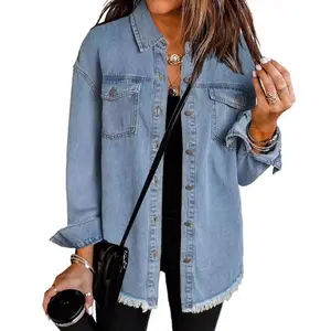 Women'sdenimjackets,casualnon-stretchyboyfriend-stylewashedcoats,rippedcollaredlong-sleeveddenimouterweartops