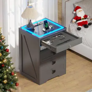 LED Nightstand with 3 Drawers, Glass Top Bedside Table with Wireless Charging Station, Modern Night Stand with Auto Sensor, Bedr