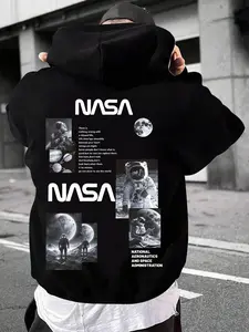 New Men's Nasa Space Explorer Graphic Hoodie, Casual Loose Fit Long Sleeve Pullover with Pockets, Spring & Fall Fashion Top, Menswear