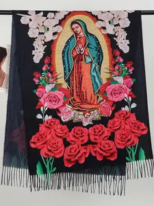 Women's Elegant Fashion Winter Scarf 70x175cm Printed Faux Wool Floral Print Shawl with Religious Elements Hijab, Virgin Mary Scarf Catholic Gift