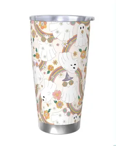 20oz Stainless Steel Halloween Ghost Rainbow Tumbler, Vacuum Insulated Travel Cup with Lid Hot & Cold Drinks, Durable Cute Swig Coffee Cup, Reusable Festive Drinkware Gift for Fall & Party