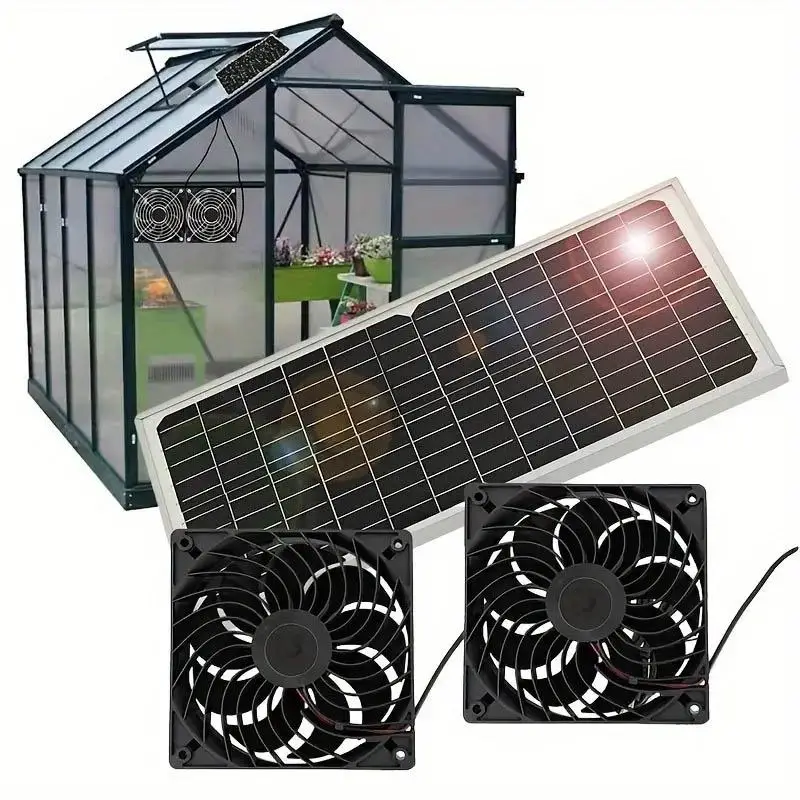 Mother's Day Gift, Solar Powered Dual Weatherproof Fan, 2 Counts/set Fan with 1 Solar Panel for Chicken Coop/Greenhouse/Shed/Pet House, Gardening Acce