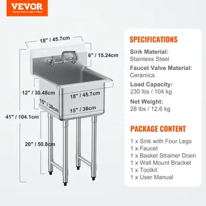 VEVOR Stainless Steel Prep Utility Sink, 1 Compartment Free Standing Small Sink Include Faucet legs, 18x41 Commercial Single Bowl Sinks for Garage, Restaurant, Kitchen, Laundry