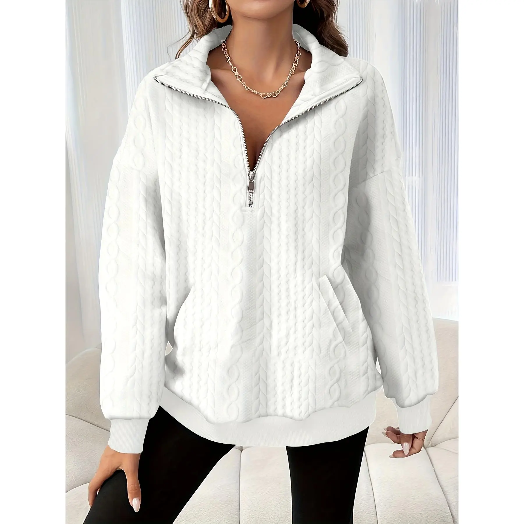 Women's Chic Half-Zip Polyester Elastane Knitwear Long Sleeve Shirt - Elegant Solid Lapel Collar Sweatshirt with Chain Detail, Regular Fit, Dry Clean Recommended for Fall Wear, Half Placket, Plain, Fabric, Longsleeves, Tops
