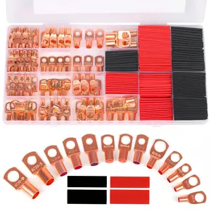 Copper Wire Lugs,Terminal Connectors,Used on AWG12 10 8 6 4 2 Cable,Heat Shrink Set,Bare Copper Eyelets,Ring Terminals Connectors,64count Battery Cable Lugs Ends and 66count Heat Shrink Tubing