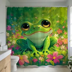 1 PC Vibrant frog garden shower curtain for nature-inspired bathroom decoration adds a playful touch with lush green backdrop colorful floral accents ideal for transforming bathroom design during home renovation enhances space with cheerful visual pattern