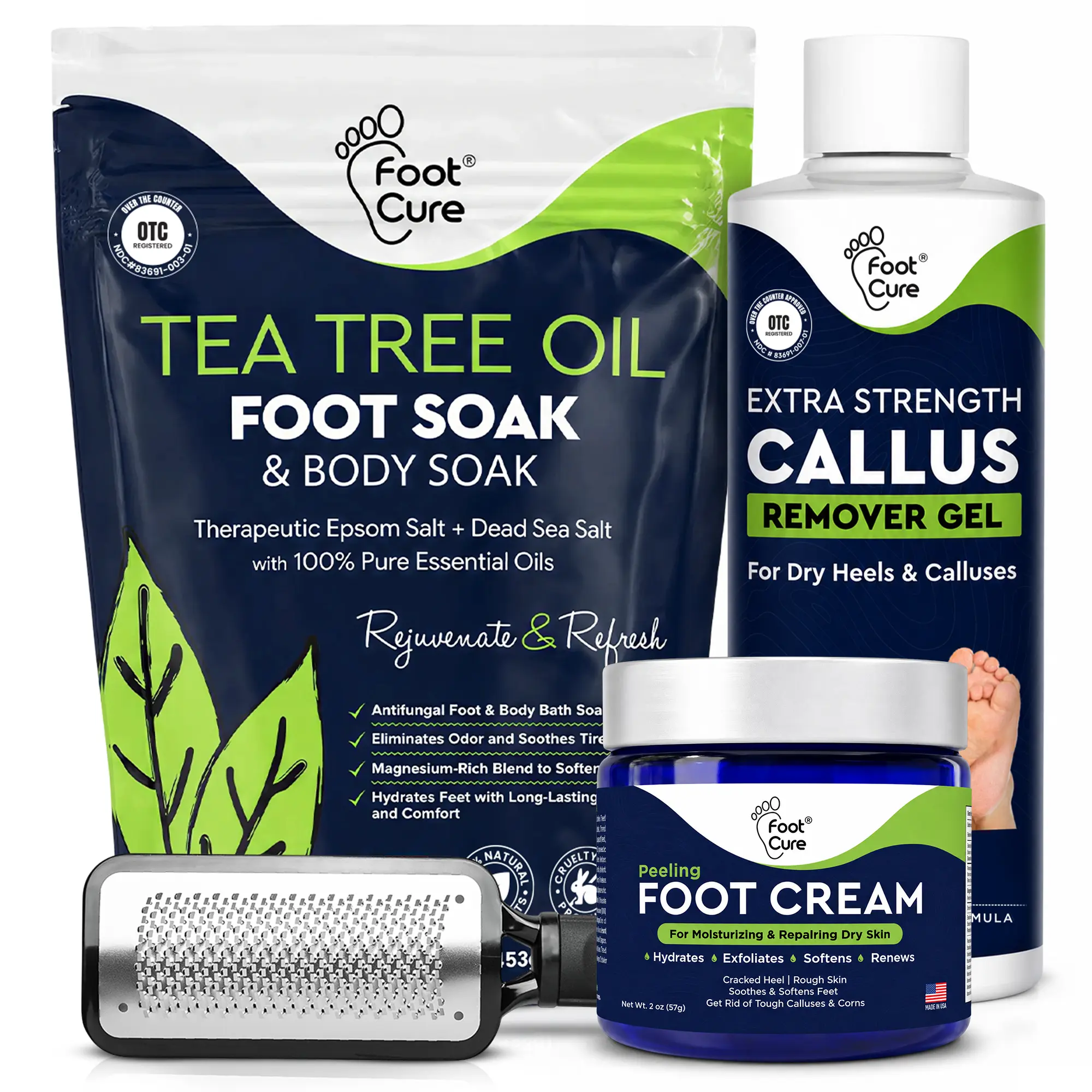 Foot Cure Foot Exfoliator & Callus Remover Kit – 4pc Set with File, Urea Cream & Tea Tree Soak Salts Foot Care Product Exfoliating Foot Mask