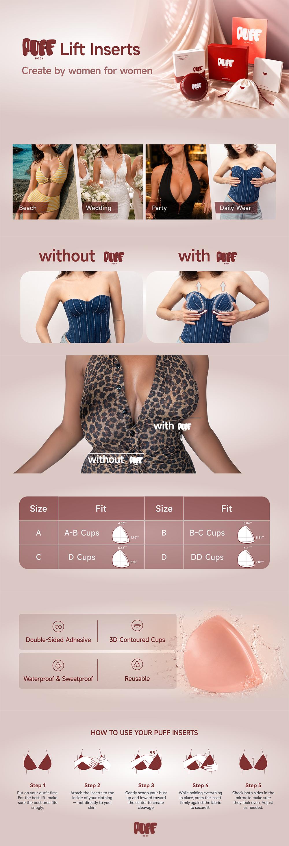 PUFF Invisible Lift Sticky Bra Inserts for Women, Patented No Sew Adhesive Bra Pads, Push Up Cleavage Enhancer, Nipple Slip Coverage, Reusable Fashion Bra Inserts for Low Cut Tops, Dresses & Womenswear
