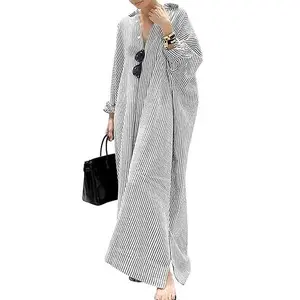 utcoco women's spring and autumn striped long-sleeved dress casual loose cotton shirt dress Maxi Button teacher outfits