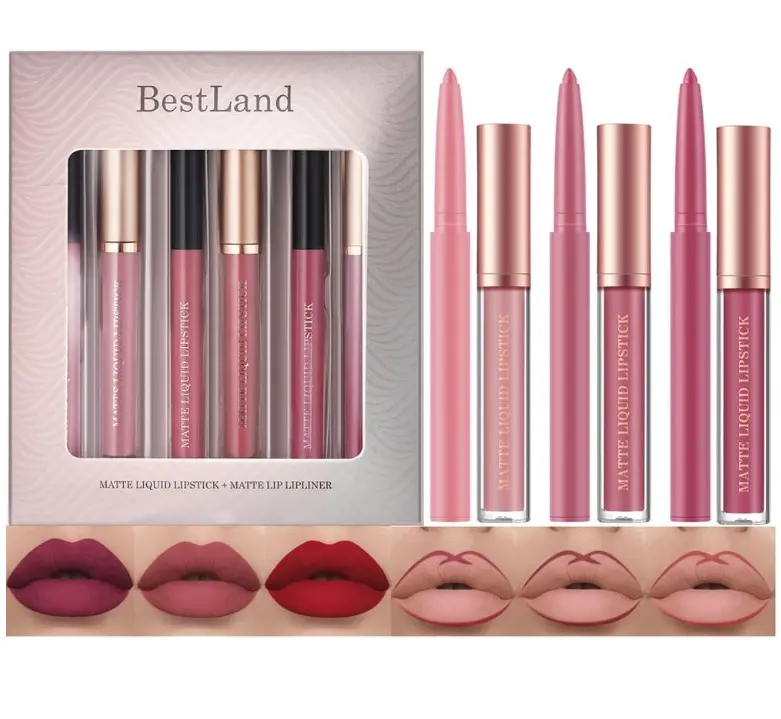 BestLand 6Pcs Matte Liquid Lipstick + Lip Liner Pens Set, One Step Lips Makeup Kits Pigment Velvety Nude Lip Stain Waterproof Long Wear Lip Gloss Make up Gift Set (Pure Romance Bundle)