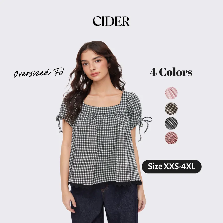 Cider Vintage Plaid Square Neck Blouse for Casual Daily, Elegant Puff Sleeve Top, Ladies Drawstring Shirt, Retro Vacation Outfits, Lady Crop Tops