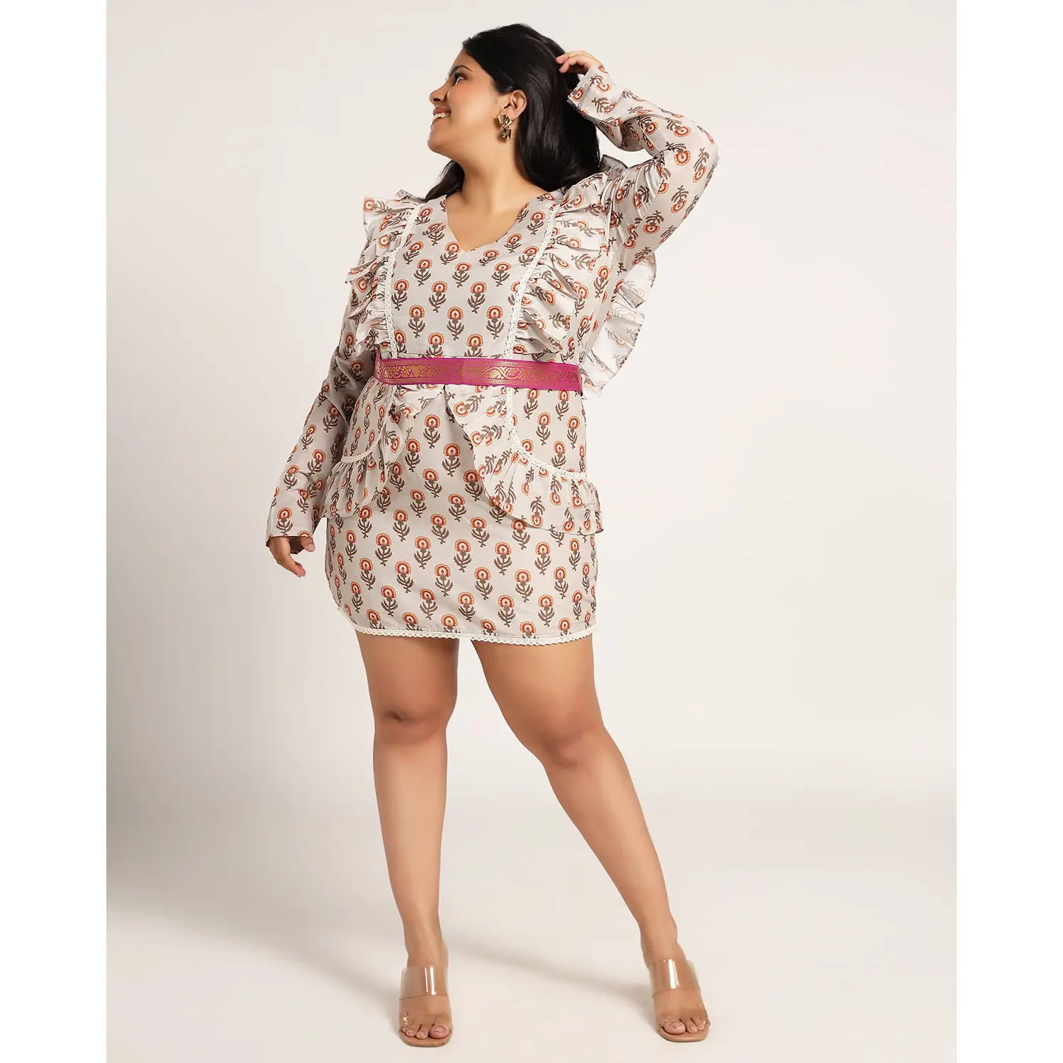 Marbella Dress – Gray Silk Cotton Ruffle Mini Dress with Detachable Purple & Gold Silk Belt