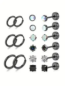 Fashionable Stainless Steel Earrings Set, 9 Pairs Rhinestone Decor Stud Earrings & Hoop Earrings for Women & Men, Trendy All-match & Exquisite Jewelry for Birthday Gift, Ear Studs