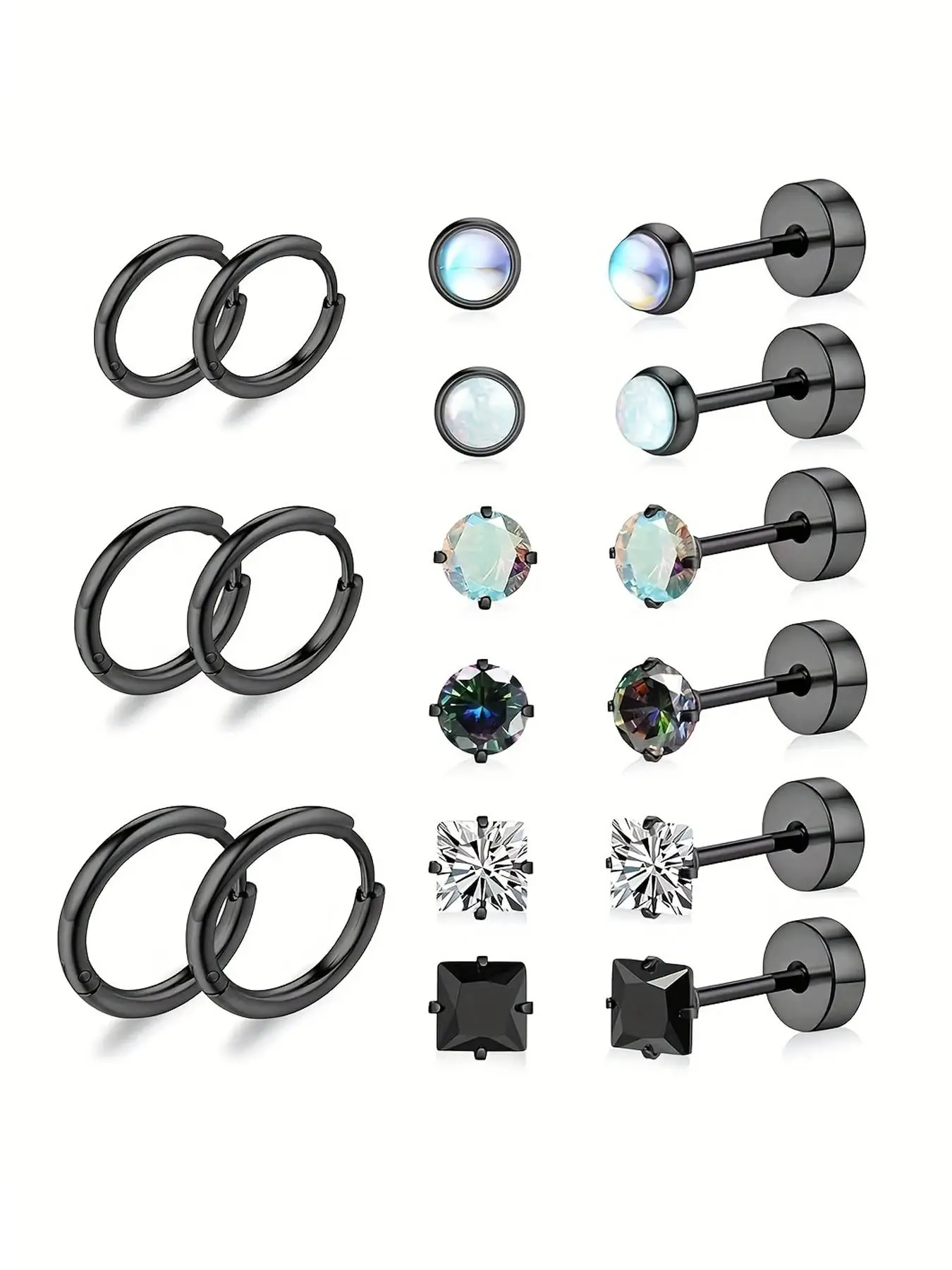 Fashionable Stainless Steel Earrings Set, 9 Pairs Rhinestone Decor Stud Earrings & Hoop Earrings for Women & Men, Trendy All-match & Exquisite Jewelry