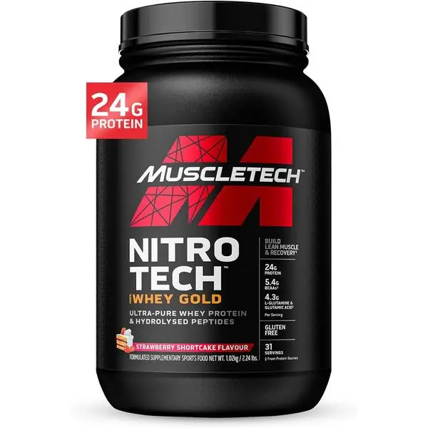 Whey Protein Powder Nitro Tech Whey Gold Isolate Smoothie Mix for Women and Men Strawberry Flavor 2lb 28 Servings Packaging May Vary