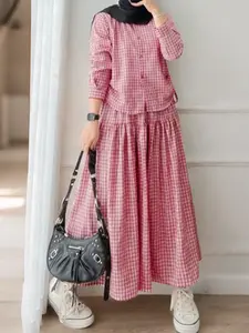Women's Casual Gingham Set, Two Piece Set Women, Round Neck Long Sleeve Button Front Shirt + High Waist Skirt, Loose Fit, All Seasons, Daily Commute Wear, Outfit Sets Women