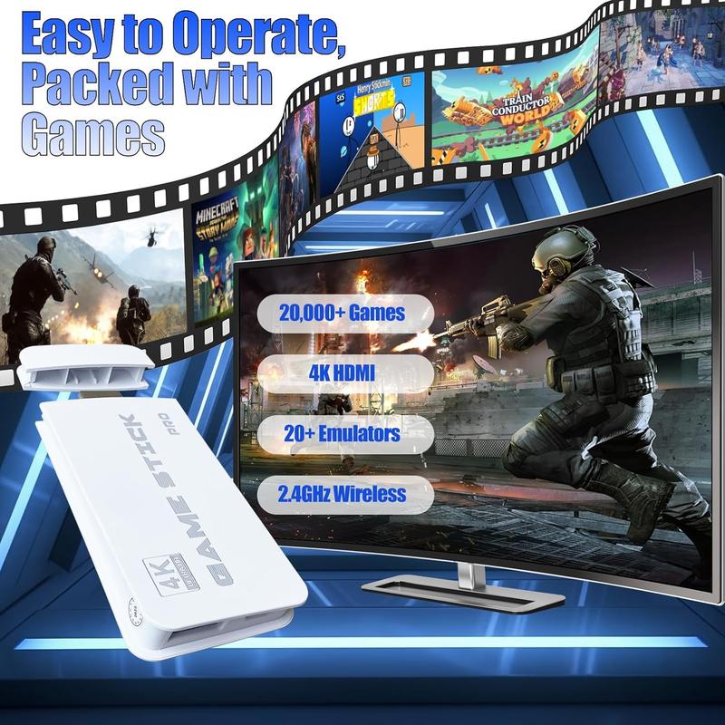 Retro Gaming Console & Gaming Stick with 20,000+ Preloaded Games, 4K Ultra HD & Dual Wireless Controllers — Plug & Play for Family Fun, 64GB Memory