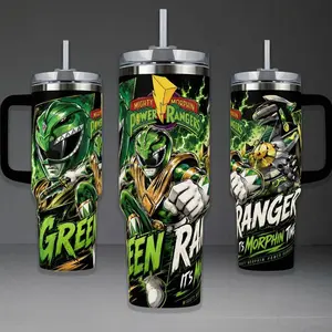 Green Ranger Tumbler, Mighty Morphin Power Rangers 40oz Cup with Handle, Dragonzord Legacy 20oz Stainless Steel Travel Mug, 90s Nostalgia Fan Gift, Green Ranger Inspired Insulated Tumbler Featuring Epic Lightning Design.