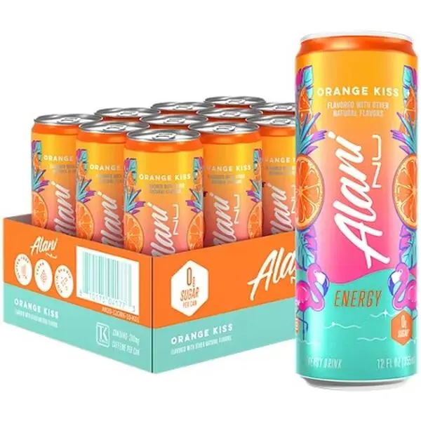 Alani Nu Sugar-Free Vegan Sport Energy Beverage - Orange Kiss, 12-Pack, 12 Fl Oz Each, with Biotin & Vitamin