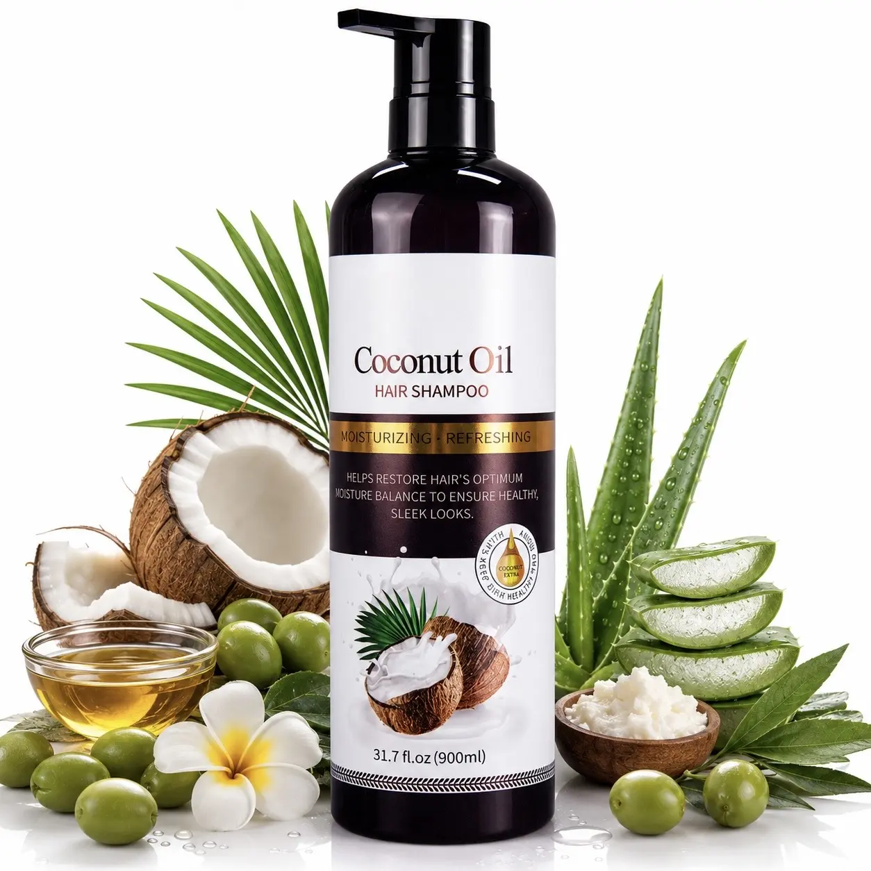 900ML Coconut Oil Hair Shampoo 31.7 fl oz  Moisturizing Refreshing Formula for Healthy Sleek Hair Care