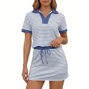 JointlyCreating Women's 2-Piece Striped Womenswear Skirt & Top Set - Short-Sleeve V-Neck Polo, Skort with Built-in Shorts & Pockets, Adjustable Waist, Stretchy, Comfortable Athleisure Summer Lounge Outfit