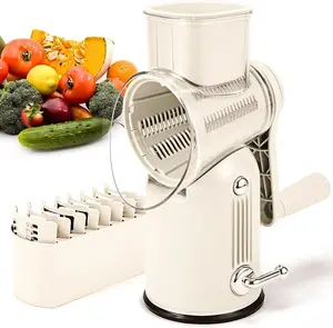 [New Deal] Rotary Cheese Grater with Handle, 5 Interchangeable Blades, Strong Suction Base, White Kitchen Food Slicer & Chopper Steel Utensils