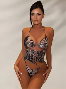Wild Zebra Pattern Halter  - Hot Girl Style Lace-Up High Elastic Vacation Swimwear for Women bathing suit Metal Decor Monokini two-piece fashion pool wear Women's Waisted Cutout  back swimsuit one-piece Ruched Tummy Control Swimsuit summer stylish casual,