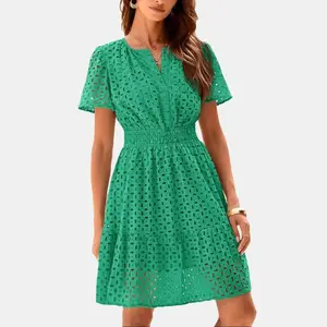 PrettyGarden Women Summer Short Dress V Neck Short Sleeve A Line Hollow Out Lace Ruffle Cute Casual Beach Party Formal Dresses,-Chic Womenswear Army Green Basic
