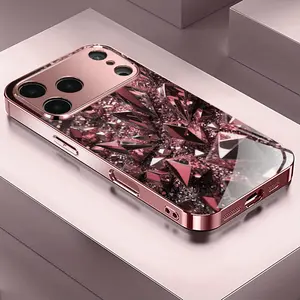 Gemstone Rose Gold Plated Pink Phone Case Cover for iPhone 17 16 15 14 13 12 11 X XR XS MAX Pro Air Pro Max Plus mini Beautiful Trendy Fashionable Couple Style Minimalist Christmas Tempered Glass Protective Case Phone Protection Modern Phone Case