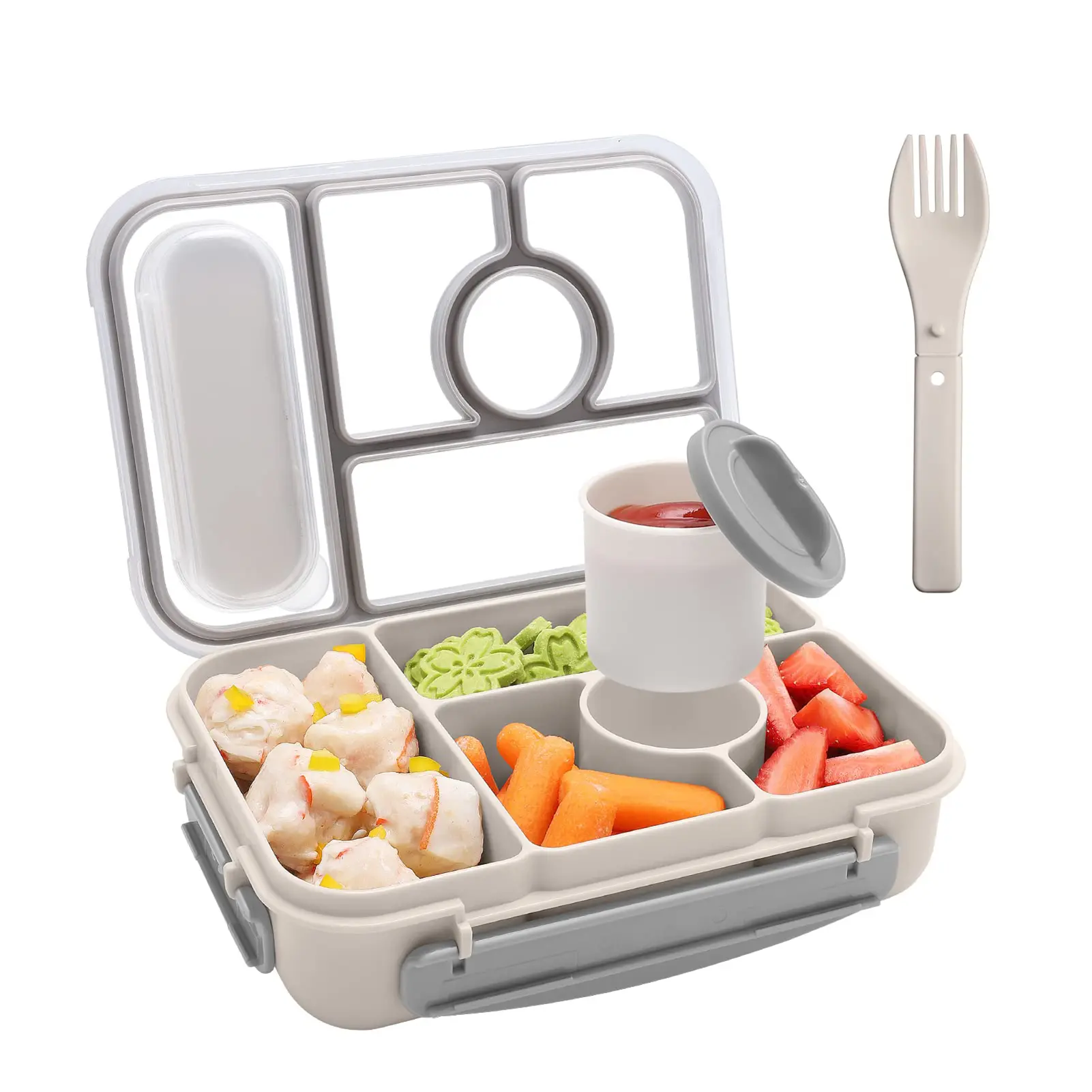 5-compartment bento box (with sauce container) is suitable for everyone and is microwave, lunch box,dishwasher, and freezer safe