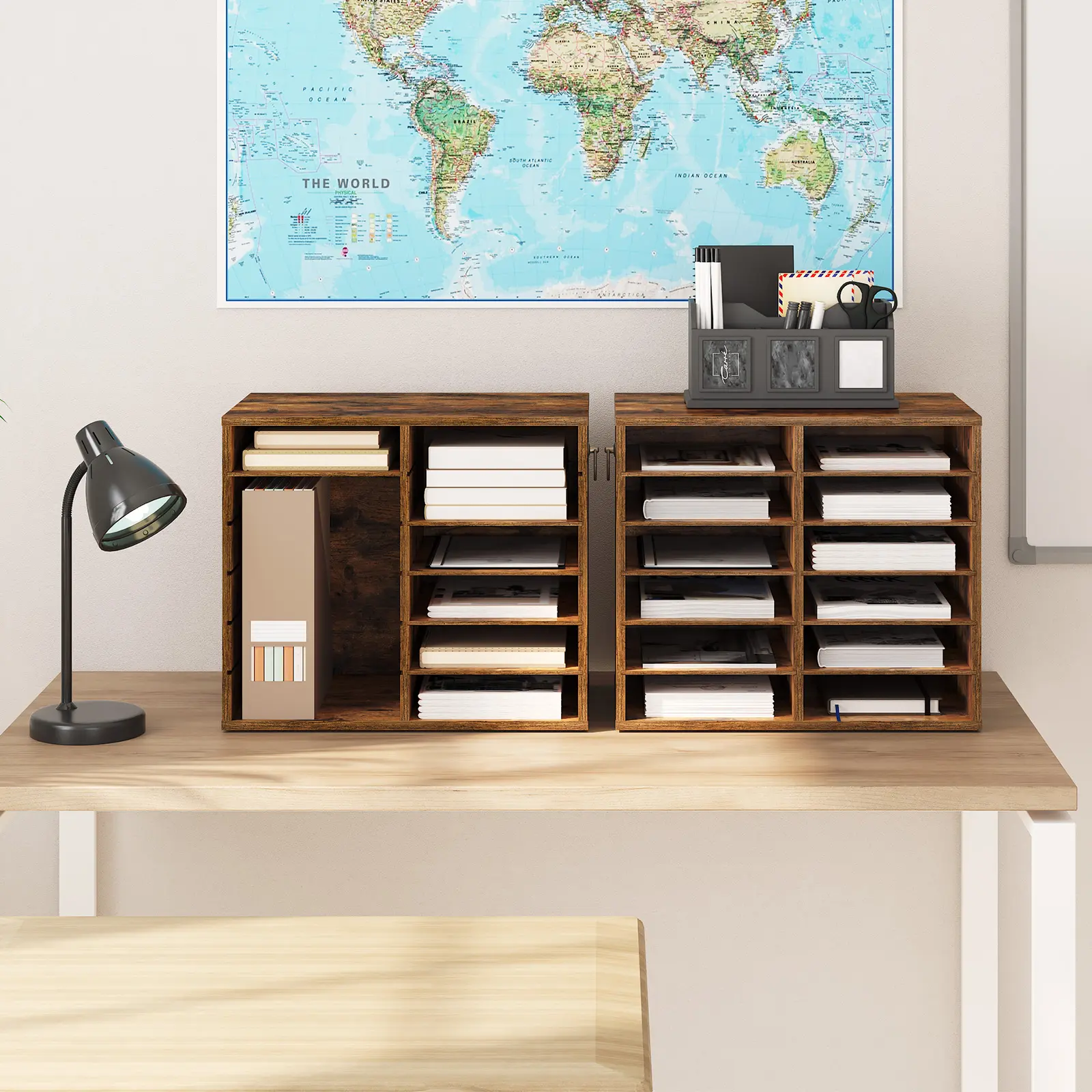 HOOBRO File Storage Cabinets, Rustic Brown Literature Organizers, 12 Compartments Office Mailbox with Adjustable Shelves, Wood Countertop Literature Sorter for Office, Home #SummerVibes