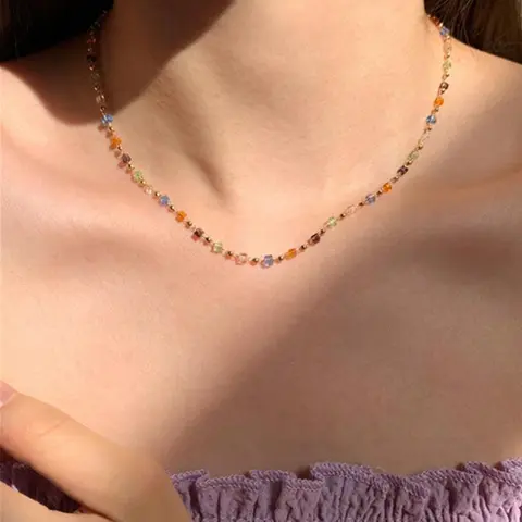 Women's Colorful Beaded Necklace, Elegant Versatile Jewelry for Girls, Classic Fashion Accessories, Holiday Birthday Gifts, Copper Chain Jewelry