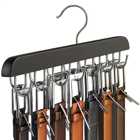 14-Hook Wooden Polished Multi-Functional Belt Hanger, Storage Hanger, Multifunctional Hanger, Space-Saving Organizer, Space Saver Hangers for Ties, Camisoles, Scarf Hanger, Scarves, Belts, Clothes Drying Rack for Bathroom, Bedroom, Closet, Wardrobe