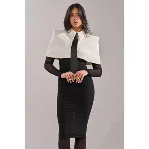 SHE MEANS BUSINESS TIE DETAIL MESH MIDI DRESS