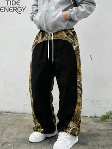 Men's Vintage Tree Pattern Camo Patchwork Streetwear Shorts, Hip-Hop Loose Fit Casual Pants, Elastic Waist Trendy Gym Shorts