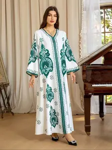 Middle East Ramadan Dress Muslim Women Printed Long Sleeve Skirt, Elegant Islamic Clothing, Arabian Dress, Comfortable and Stylish, Perfect for Festive Occasions