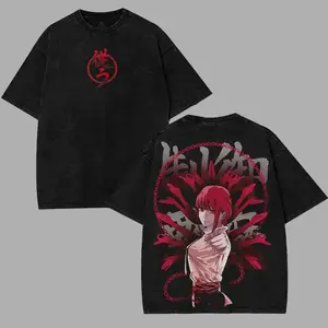Anime Chainsaw Man Makima Men's Streetwear T-Shirt - Distressed Vintage Washed, Oversized Round Neck, Shortleeve, Pure Cotton Unisex Cartoon T-Shirt for Festive Occasions, Shortsleeve