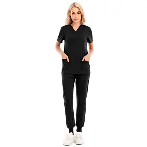 Women's 2-Piece Minimalist Basic Solid Color Nurse Uniform Set, Polyester-Spandex Fabric Lady's V-Neck Short-Sleeve Top with Pockets & Sports Casual Jogging Pants for Daily Wear