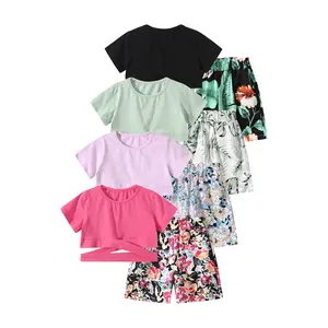 #SummerVibes 8-piece girls' summer fashion short-sleeved shorts suit children's casual fashion outdoor suit solid color jacket printed shorts suit