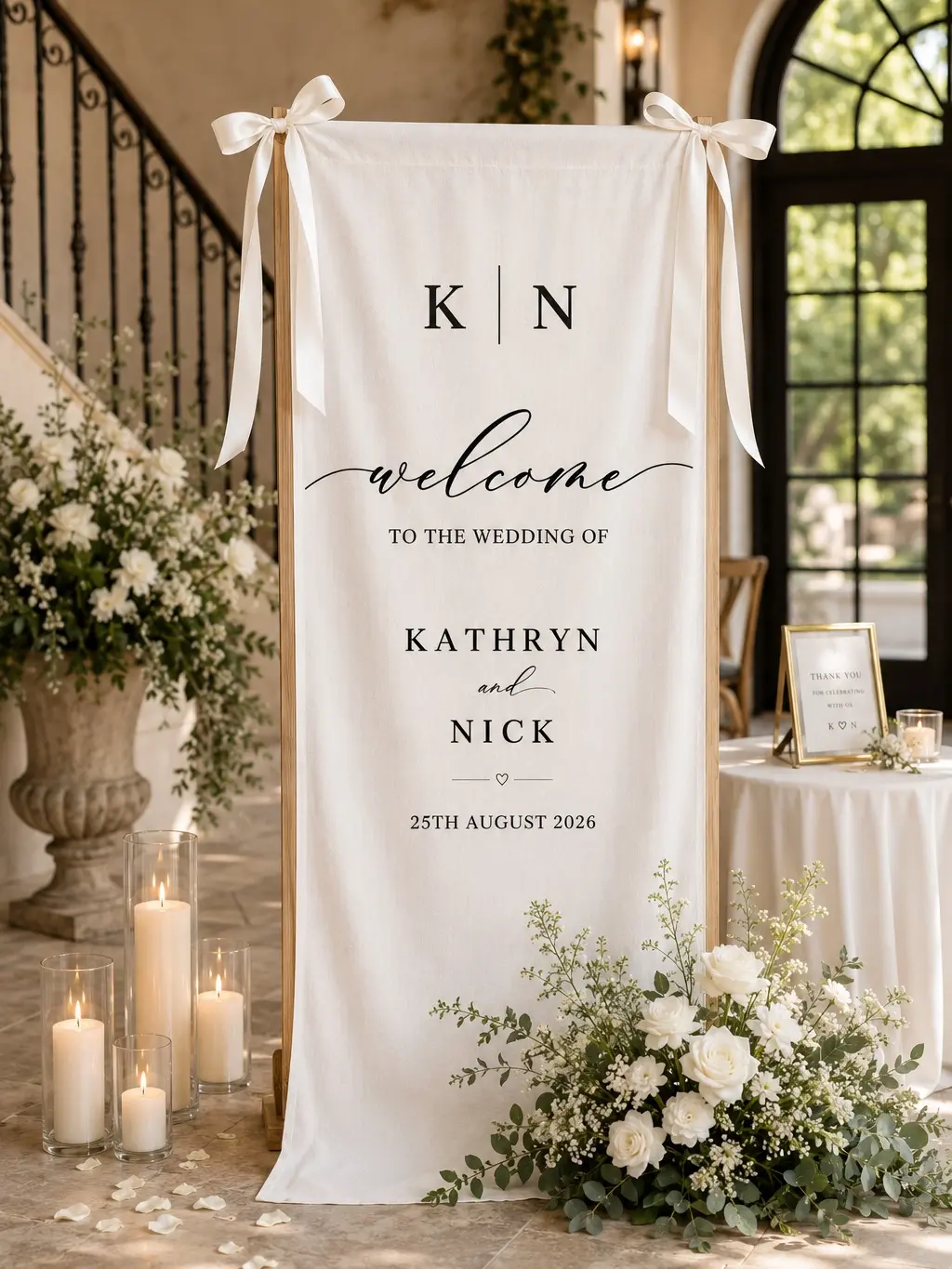 Custom Wedding Welcome Sign | Vertical Fabric Wedding Banner | Personalized Names & Date Backdrop | Rustic Outdoor Ceremony Decor