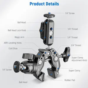 NEEWER Super Clamp with 3" Dual Ballhead Magic Arm, Ball Head Adapter, Cold Shoe, Phone Holder, Action Camera Clamp Mount for Flat/Round Surface Compatible with GoPro DJI iPhone 15 Pro Max, ST85