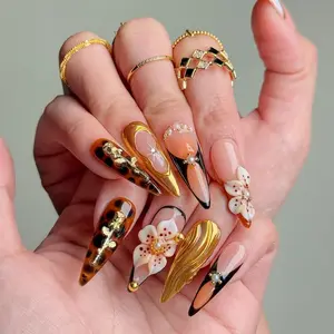 Luxury Press On Nails｜Tortoise Shell Tips｜3D Floral Accent｜Elegant Handmade Set｜Long Fake Nails｜Reusable Nails | Acrylic Press on Nails