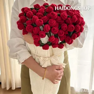 DIY Hand Knit Crochet Red Rose Yarn Bouquet, 60cm & 80cm 2 Sizes Available, Handmade Everlasting Knitted Artificial Flower, No Wither Floral Gift for Valentine’s