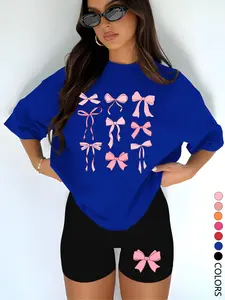 Two-Piece Set Women's Bow Print Short Sleeve Tee & Skinny Shorts, Casual Round Neck T-Shirt & Tight Shorts, Ladies Summer Clothes for Daily Wear, Suits, Top Shorts Set
