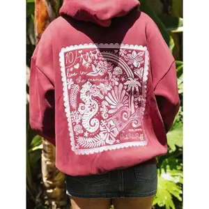 Women`s crew neck sea horse embroided hoodie, fashion comfort casual drop shoulder hooded sweatshirt for daily outdoor wear, casual clothes & halloween clothes, winter & fall outfits, downtown girl clothes